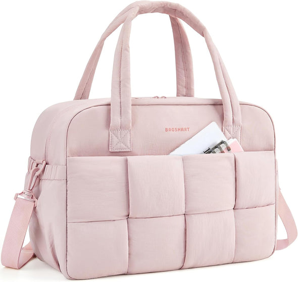 BAGSMART Gym Bag for Women, 29L Puffer Travel Duffle Bag for Travel with Laptop Compartment, Weekender Bags for Women, Carry on Duffel Bag Personal Item Bag, Baby Pink