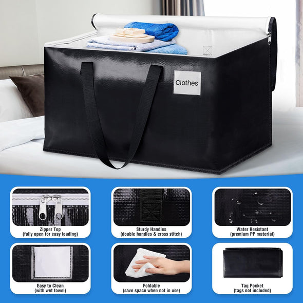 Blisstotes Collapsible Moving Bags - Heavy Duty Boxes with Zippers and Handles, Space Saving Packing Totes for Moving Supplies Storage (93L, 6-Pack, Black)