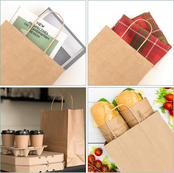 XPCARE 100Pack Brown Paper Bags 8X4.5X10 Inch, Plain Medium Paper Bags with Handles Bulk, Kraft Paper Gift Bag, Retail, Party, Shopping, Favor Bag