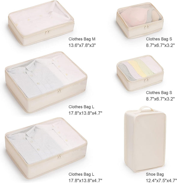 Mossio 6 Set Packing Cubes with Shoe Bag - Lightweight Travel Luggage Suitcase Organizers