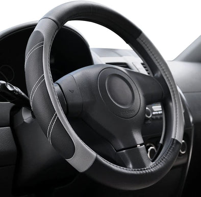 Elantrip Sport Leather Steering Wheel Cover 14 1/2 Inch to 15 Inch Universal, Padded Soft Grip Breathable for Car Truck SUV Jeep, anti Slip Odorless Black and Gray