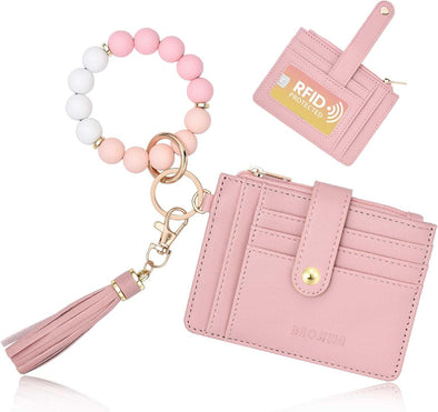 BAOSIWA Silicone Bracelet Keychain Wallet for Women Wristlet Card Holder Slim RFID Wallet with Zipper Pocket