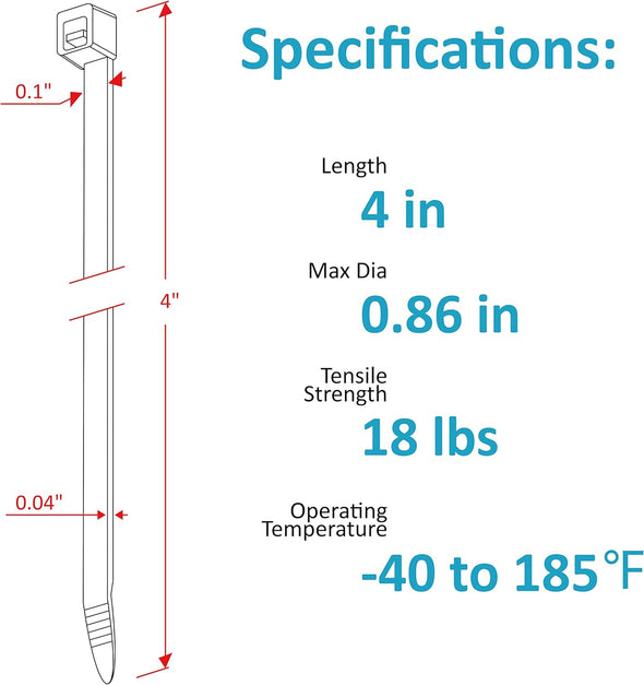 Zip Ties 4 Inch (200 Pack), Small Zip Ties with 18 Lb Tensile Strength, Black, by Tantti Supply