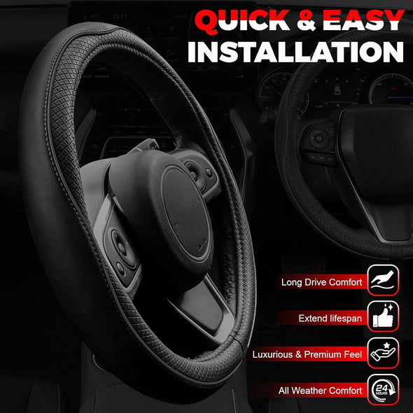 Ouzorp Car Steering Wheel Cover, Microfiber Leather Steering Wheel Covers with Anti-Slip Lining, Universal 14.5-15 Inchs Black