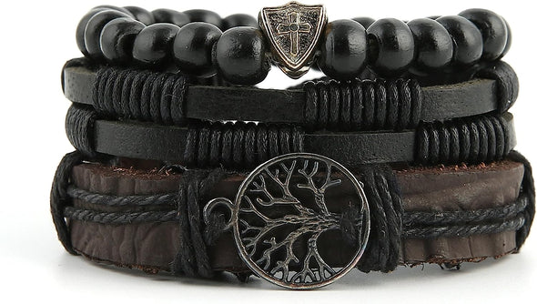 HZMAN Genuine Leather Tree of Life Bracelets Men Women, Tiger Eye Natural Stone Lava Rock Beads Ethnic Tribal Elastic Bracelets Wristbands
