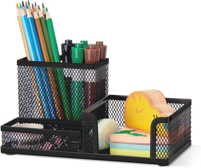 Comix Mesh Pen Pencil Holder Desk Organizer, 3 Compartment Wire Desktop Pen Pencil Cup Caddy Office Supplies Desk Accessories for Home Office School, Black