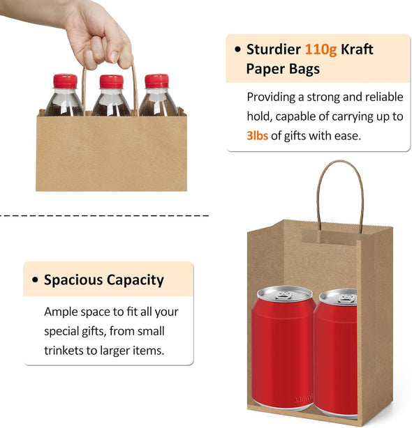 Bagdream Small Gift Bags with Handles 50Pcs 5.25X3X8 Inches Kraft Paper Bags Bulk for Party Favor, Retail, Wedding, Gifts, Recyclable Brown Paper Sacks