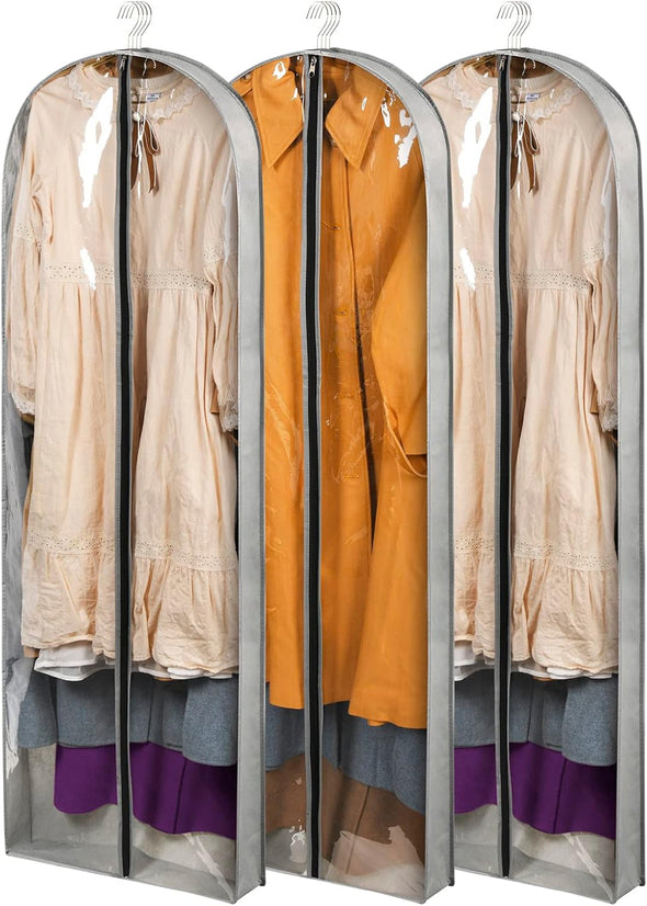 3 Pack 60" Long Garment Bags for Hanging Clothes Storage, Clear Moth Proof Suits Covers with 4" Gussets for Closet Storage Travel, Plastic Protector for Dress Gowns, Coats, Suit, down Jacket