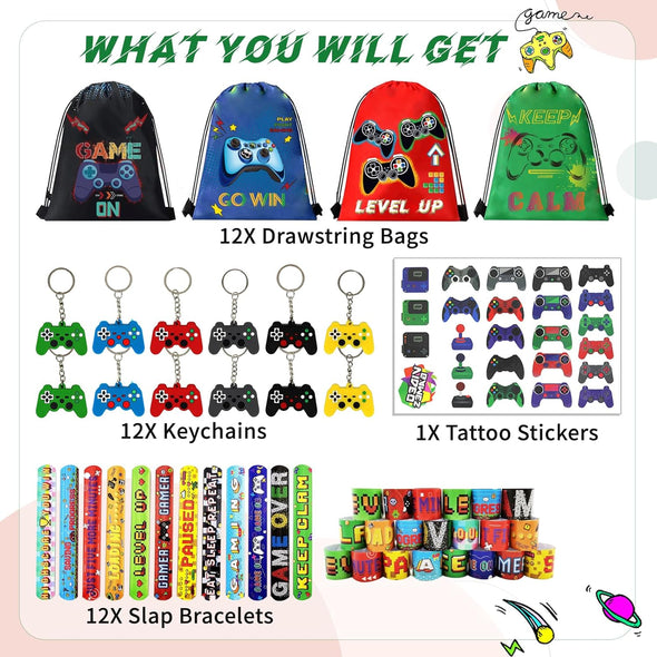 61 Pcs Video Game Party Favors, Gamer Party Favors Bags Includes 12 Pcs16 X 13 Inch Video Game Party Drawstring Bags Slap Bracelets Keychains Tattoo Stickers for Kids Gaming Party Favor