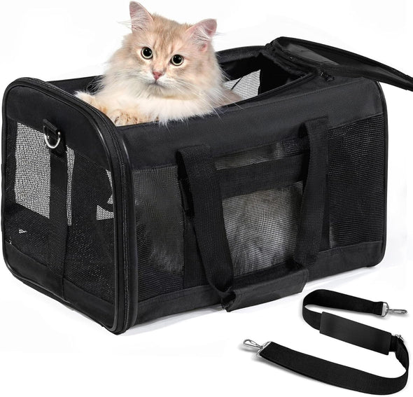 Cat Carrier Airline Approved, Soft-Sided Dog Carrier with Inner Safety Leash, Pet Transport Carrier for Small-Medium Cats Puppies up to 15 Lbs, Collapsible Travel Kitten Carrier Bag -Blackm
