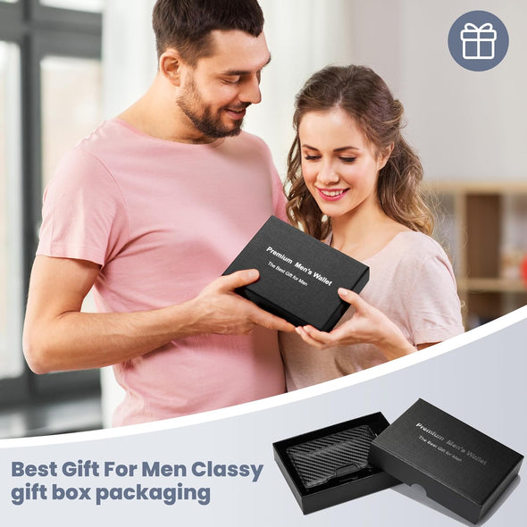 Wallet for Men, RFID Blocking Slim Mens Wallet with Money Clip, Minimalist Pop up Card Case, ID Window, 9-11Cards Capacity, Bifold Leather Front Pocket Wallet with Gift Box (Black-Carbon Fiber)