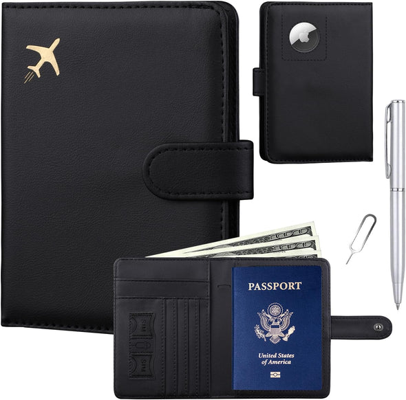 GOAUS Passport Holder for Travel with Airtag Card Slots, Money Pocket, Women Men RFID Blocking Wallet Book Case Black