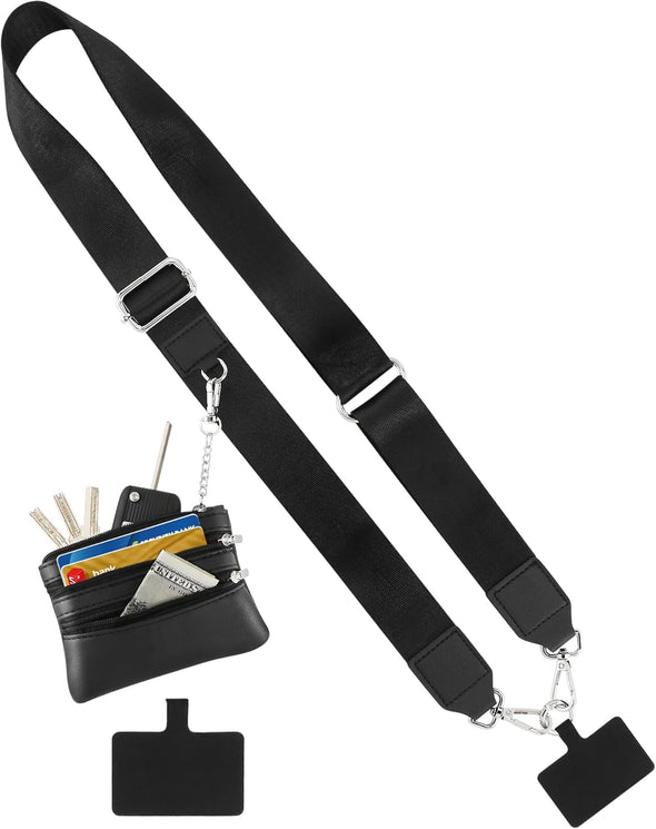 Clip and Go Strap for Phone with Wallet Crossbody,Adjustable Phone Strap with Zippered Pouch,Upgraded and Extended in Length, Crossbody Phone Strap with Wallet,Save Girls Cross Body Lanyard(Black）