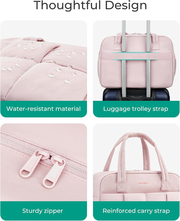 BAGSMART Gym Bag for Women, 29L Puffer Travel Duffle Bag for Travel with Laptop Compartment, Weekender Bags for Women, Carry on Duffel Bag Personal Item Bag, Baby Pink