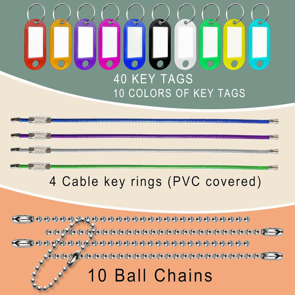 40 Pack Key Tags, 10 Colors Key Labels, Comes with 10 Ball Chains and 4 Cable Key Rings for Home, Office Key Management.