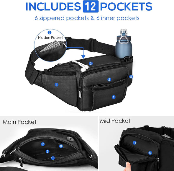 NOOLA Fanny Pack Waist Bag for Men Women, Lightweight Waist Pack with Water Bottle Holder, Adjustable Belt Bag with Multi-Pockets for Hiking, Dog Walking, Outdoor, Cycling, Running, Travel, Black