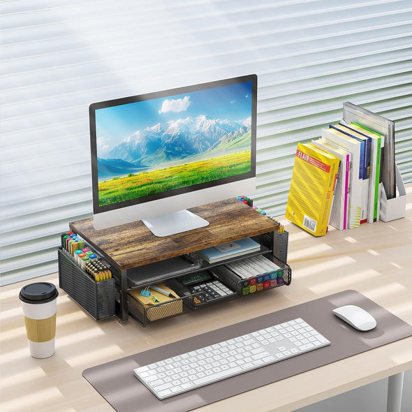 Gianotter Monitor Stand Riser, Desk Organizer with Drawer and Pen Holder, 2-Tier Computer Stand, Office Desk Accessories, Office Organization (Wood)