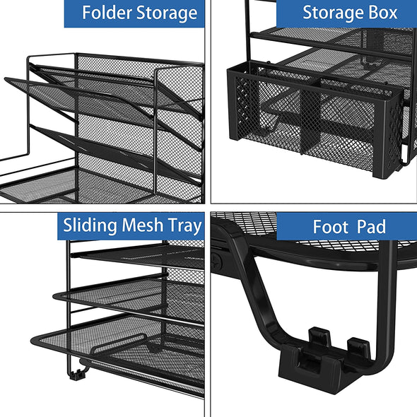 Simple Trending 7 Tier Desk File Organizer, Letter Tray Paper Organizer with Pen Holder and Metal Hanging Basket, Black