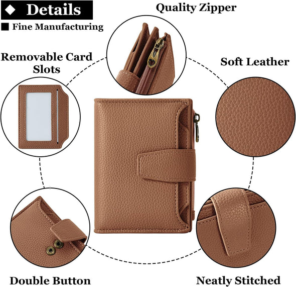 Small Wallet Women RFID Blocking Soft Leather Bifold Compact Card Holder Wallet for Women with Zipper Coin Pocket 4 ID Window