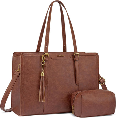 LOVEVOOK Laptop Bag for Women Vintage Leather Laptop Tote 15.6 Inch Large Capacity Computer Bag with Clutch Purse for Work