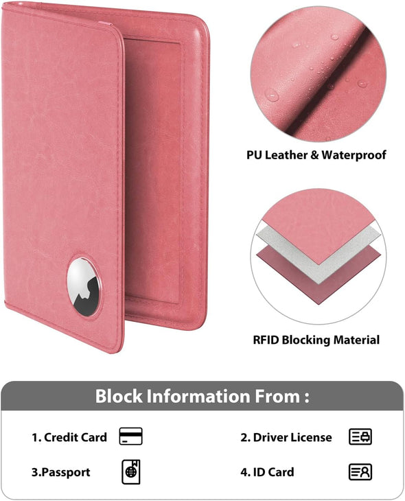 Stouchi Airtag Passport Holder, Cute Passport Holder with Airtag Slot, RFID Passport Wallet Cover for Women, Family Leather Passport Protector Case, Anti-Lost Travel Essentials, Pink