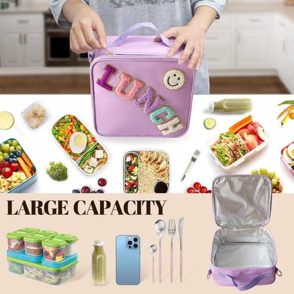 Insulated Lunch Bag with Adjustable Shoulder Strap, Nylon Preppy Lunch Box Large Insulated Lunch Bag Reusable Lunch Tote Bag with Smiley Preppy Lunchbag for Girls School Travel Picnic (Purple)