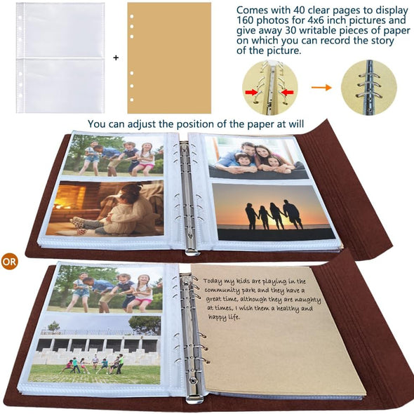 Photo Album 4X6 160 Photos, Leather Photo Albums with Writing Space with 30 Writing Paper, Travel Family Wedding Kids Graduation Ultrasound Baby Picture Album Scrapbook Photo Album