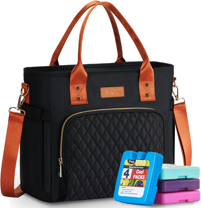 Yitote Lunch Box for Women with 4 Icepacks, 18L Capacity, Cute Lunch Bag with Bottle Holder, Lunch Bags with Adjustable Shoulder Strap, Lunch Bags for Work (Black)