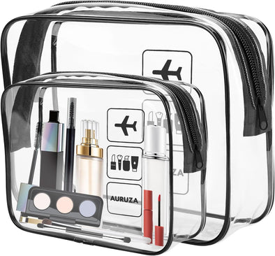 AURUZA 2 Pack TSA Approved Toiletry Bag, Clear Makeup Bag,Travel Cosmetic Bag with Zipper,Clear Organizer Carry on Bag for Women,Pvc Cosmetic Pouch for Airport Airline Compliant (Black)