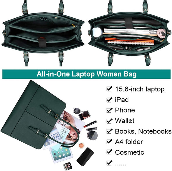 Laptop Bag for Women Leather Work Tote 15.6 Inch Laptop for Computer Bag Waterproof Business Office Professional Large Capacity Handbag Shoulder Bag Deepgreen