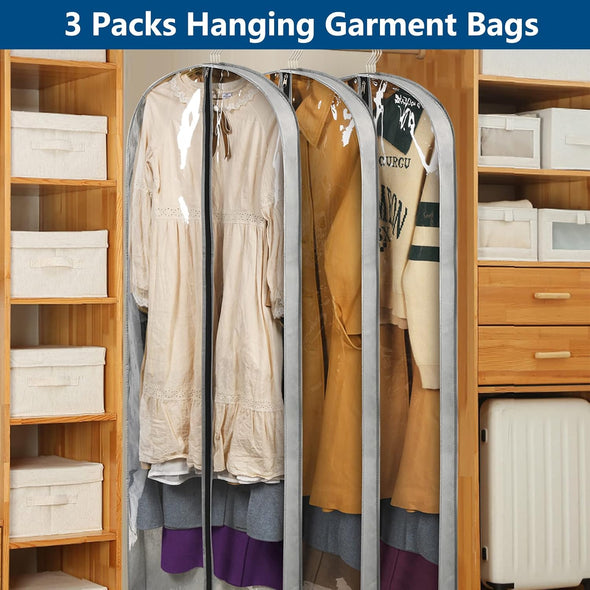 3 Pack 60" Long Garment Bags for Hanging Clothes Storage, Clear Moth Proof Suits Covers with 4" Gussets for Closet Storage Travel, Plastic Protector for Dress Gowns, Coats, Suit, down Jacket