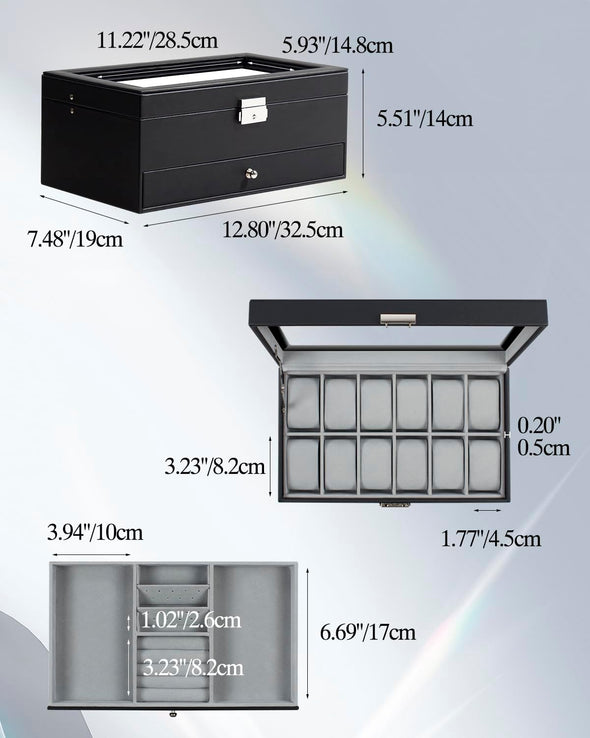 GUKA Watch Box 12 Slot Watch Display Organizer Leather Jewelry Case Drawer Glass Birthday for Men Women, Child Husband Dad