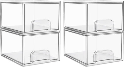 Vtopmart 4 Pack Clear Stackable Storage Drawers, 4.4'' Tall Acrylic Bathroom Makeup Organizer,Plastic Storage Bins for Vanity, Undersink, Kitchen Cabinets, Pantry, Home Organization