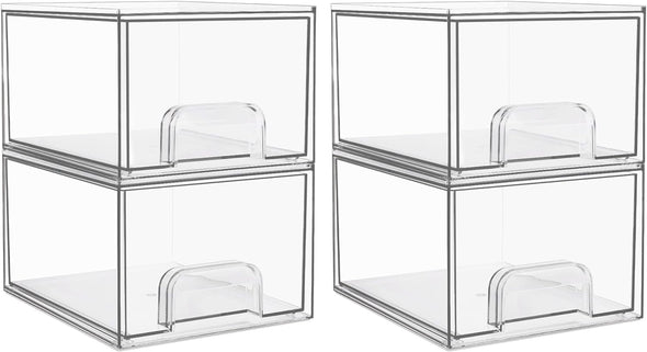 Vtopmart 4 Pack Clear Stackable Storage Drawers, 4.4'' Tall Acrylic Bathroom Makeup Organizer,Plastic Storage Bins for Vanity, Undersink, Kitchen Cabinets, Pantry, Home Organization