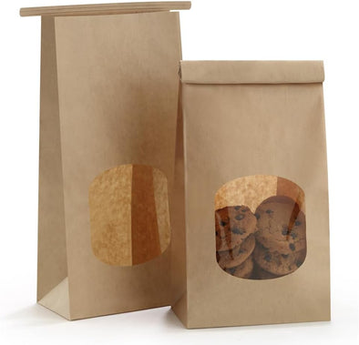 Bagdream Bakery Bags with Window 50Pcs 4.5X2.36X9.6 Inches Kraft Brown Paper Bags with Window, Tin Tie Tab Lock, for Bakery, Cookie, Coffee Bean, Party Favor, Snack
