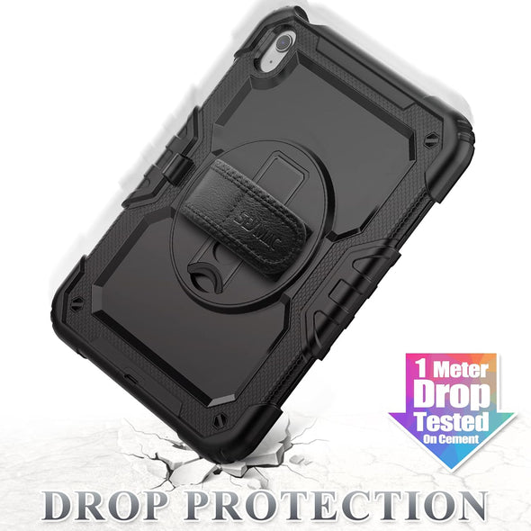 SEYMAC Stock Case for Ipad (A16) 11Th/10Th Generation 11''/10.9'' 2025/2022, Full-Body Drop Protection Case with Screen Protector &360° Rotate Hand Strap/Stand, Black