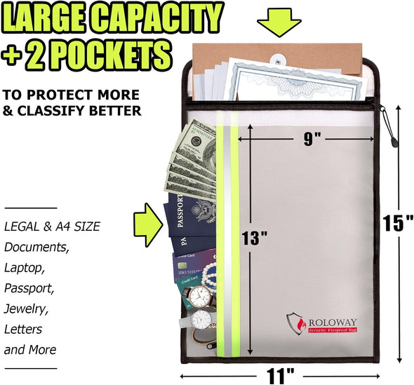 ROLOWAY Fireproof Document Bag (15 X 11 Inch) with 2 Pockets & Waterproof Zipper, Fire Safe Envelope Bag for Cash, Legal Documents (Silver)