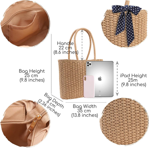 YXILEE Zipper Straw Bags for Women | Straw Purse Woven Womens Handmade Weaving Summer Handbag for Travel Beach