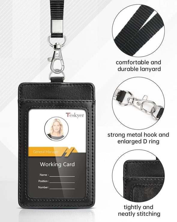 Teskyer Badge Holder, Leather ID Card Holder with Lanyard for ID Badges, Vertical Style, Black