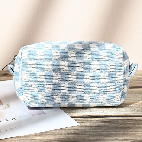 2 Pieces Makeup Bag Large Checkered Cosmetic Bag Capacity Canvas Mix Travel Toiletry Bag Organizer Cute Makeup Brushes Aesthetic Accessories Storage Bag for Women, Checkered Mix Blue