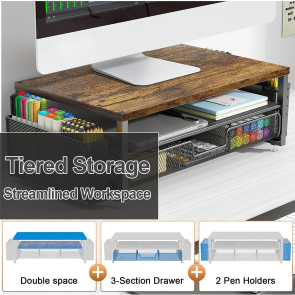 Gianotter Monitor Stand Riser, Desk Organizer with Drawer and Pen Holder, 2-Tier Computer Stand, Office Desk Accessories, Office Organization (Wood)