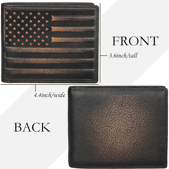 DK86 Mens Wallet USA Flag Bifold Wallet for Men RFID Blocking Full Grain Leather with Hand Burnished Extra Capacity Multiple Card Slots with 2 ID Windows