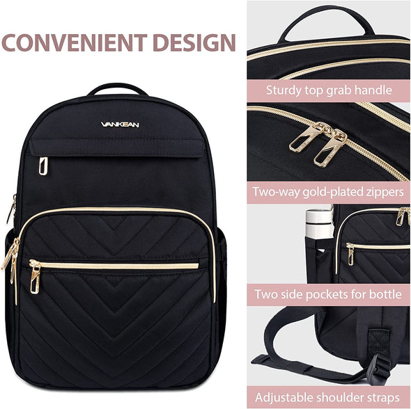VANKEAN 15.6 Inch Laptop Backpack for Women Men Work Bag Fashion with USB Port, Waterproof Backpacks Nurse Stylish Travel Bags Casual Daypacks for College, Business, Black