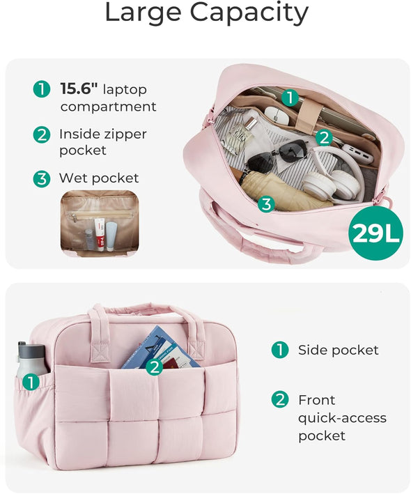 BAGSMART Gym Bag for Women, 29L Puffer Travel Duffle Bag for Travel with Laptop Compartment, Weekender Bags for Women, Carry on Duffel Bag Personal Item Bag, Baby Pink