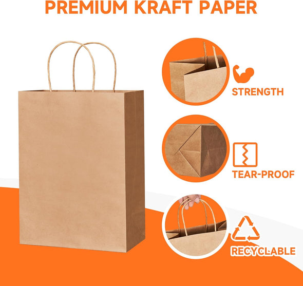 METAPRINT 100 Pack 8X4.5X10.8 Inch Medium Paper Gift Bags with Handles Bulk, Brown Kraft Paper Bags for Grocery Shopping Retail, Birthday, Party Favors, Wedding