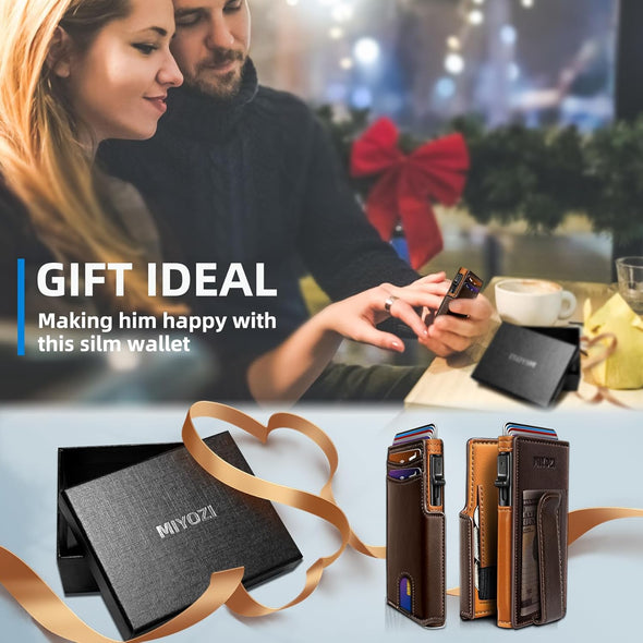 Men Wallet,With Money Clip Coins Pocket ID Window,Slim Front Pocket RFID Blocking Pop-Up Card Holder 3.9"X 2.7", Gift Boxed