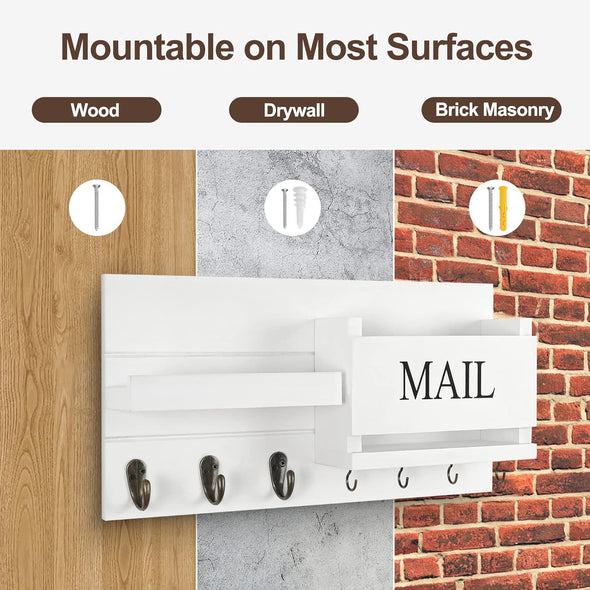 Mail Organizer for Wall Mount – Key Holder with Shelf Includes Letter Holder and Hooks for Hallway Farmhouse Decor – Rustic Wood with Flush Mounting Hardware (16.5” X 9.1” X 3.4”) (White)