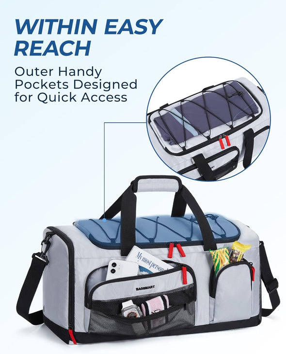 BAGSMART Gym Bag for Women & Men, 35L Sports Travel Duffel Bag with Shoe Compartment，Anti-Theft Carry on Weekender Bag for Airplane, Water Resistant Workout Overnight Backpack for Travel Gym,Grey