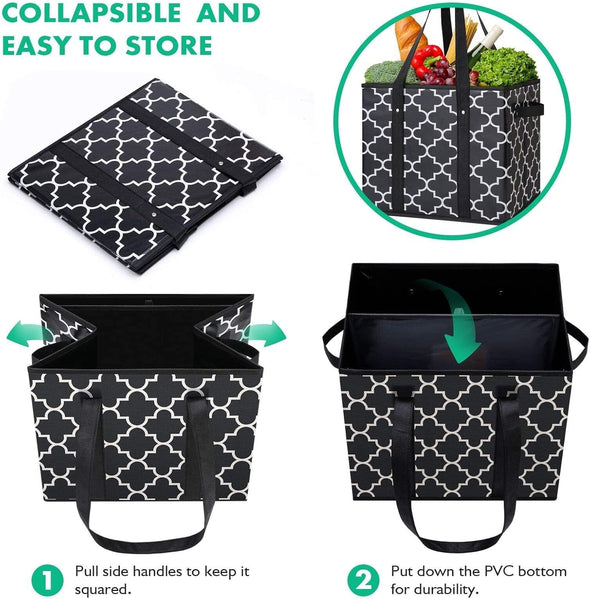 WISELIFE Reusable Grocery Bags 3-Pack Foldable Washable Large Storage Bins Basket Water Resistant Shopping Tote Bag Black