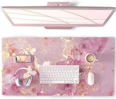 QIYI Large Mouse Pad, Cute Pink Desk Mat for Desktop, Women Girls PU Leather Waterproof Gaming, Rose Gold Marble Computer PC Laptop Protector Writing Pads for School Office Home 31.5" X 15.7"